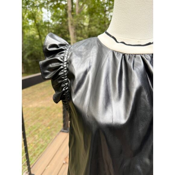 THML Small Black Faux Leather Short Flutter Sleeve Flowy Blouse Knit Neck - Picture 10 of 11